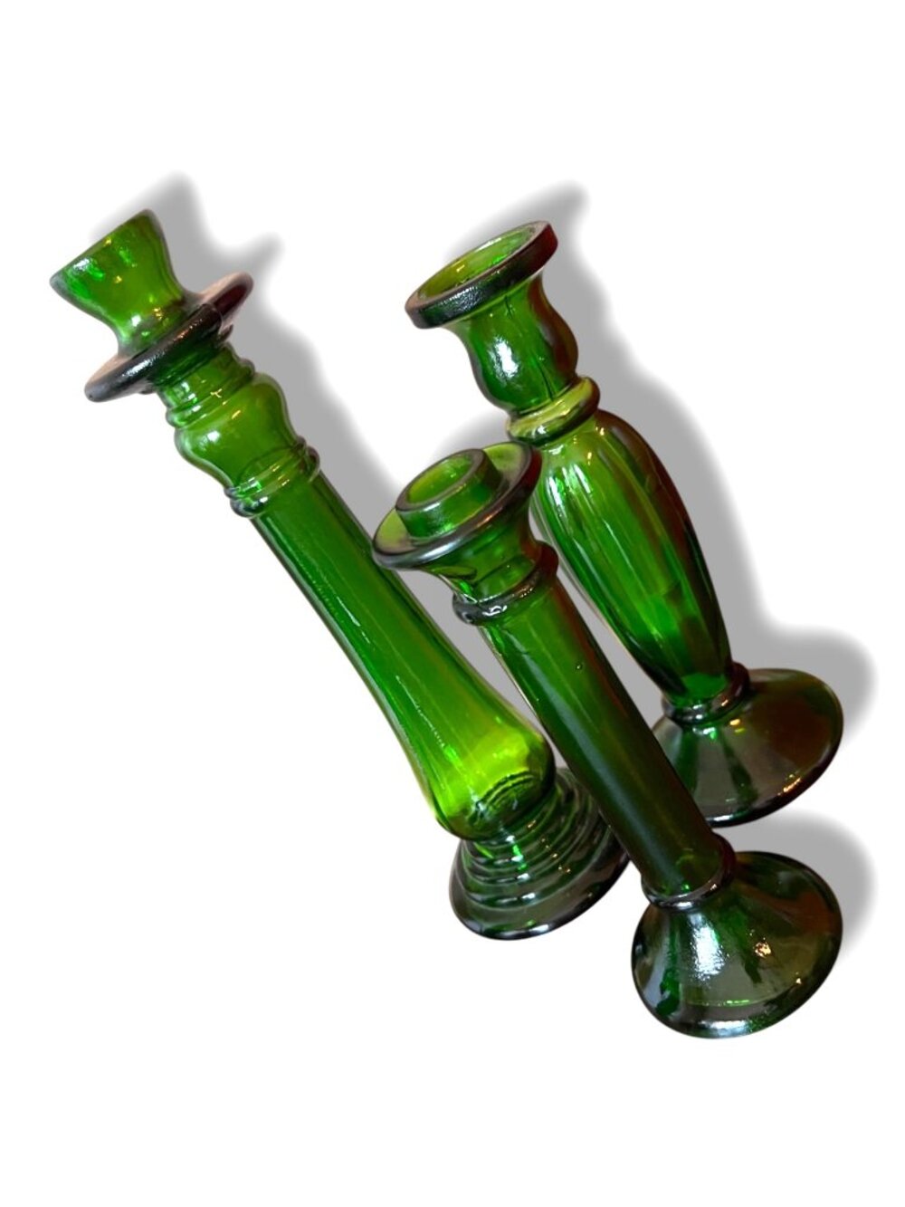 Set of Emerald Green Glass Candlestick Holders Or Bud Vases 8" 9" & 12"